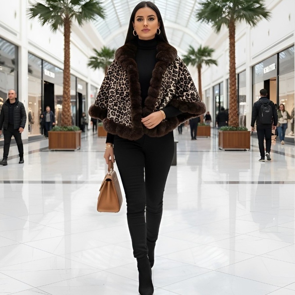 Vince Camuto OS Open Neck Leopard Print Fur Trim Shawl V4642533 – One Size